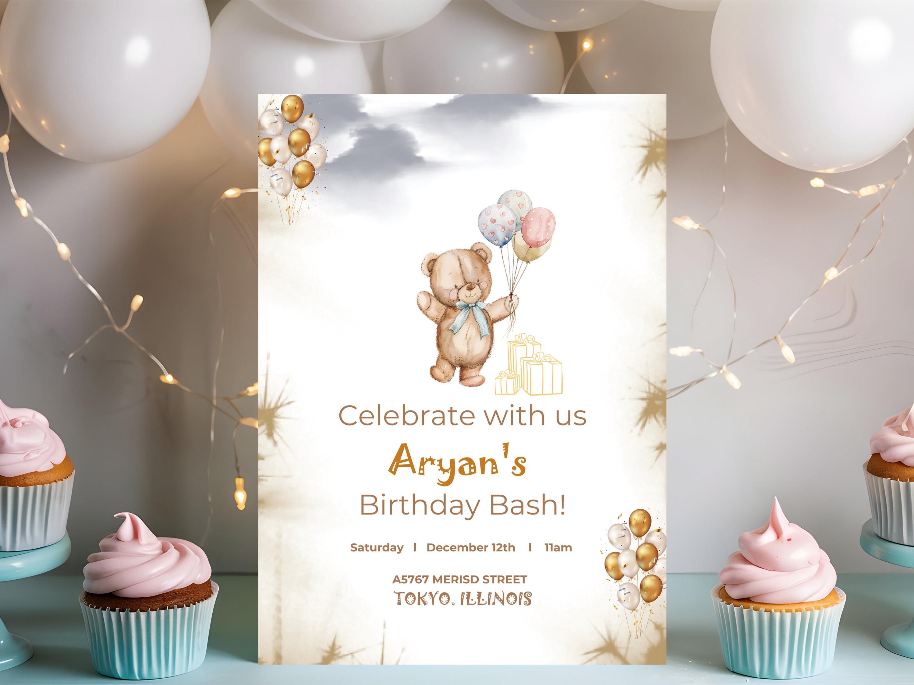 Teddy Bear Birthday Invitation | Editable Canva Template (digital ...