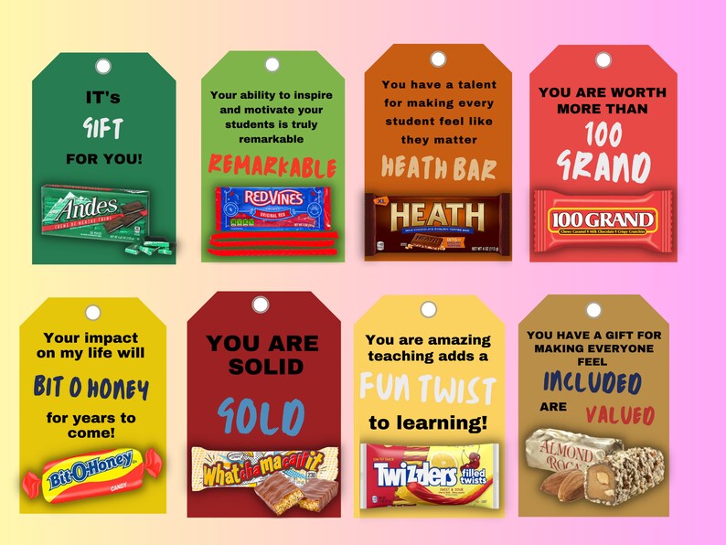 50 Teacher Appreciation Candy Gift Tag, Teacher Appreciation Gift Tag ...