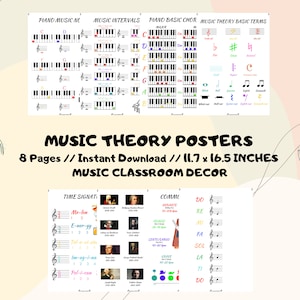 Set of 8 Music Theory Print, Music Notes, Music Education Print, Music Poster, Music Room Decor, Tempo, Note Rest Values, Chords, Intervals