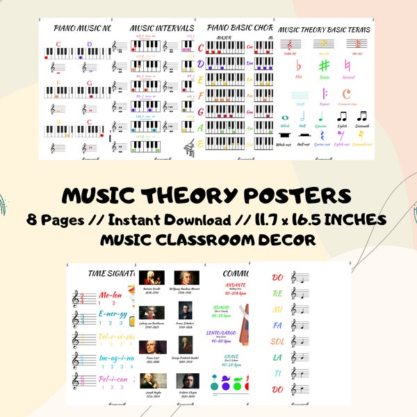 Set of 8 Music Theory Print, Music Notes, Music Education Print, Music Poster, Music Room Decor, Tempo, Note Rest Values, Chords, Intervals