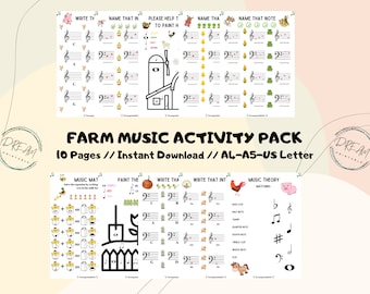 May include: A printable activity pack for kids featuring farm animals and music notes. The pack includes 10 pages of activities, such as writing the names of notes, matching music theory terms, and coloring a farm scene. The pack is designed for children learning about music and is perfect for homeschooling or classroom use.