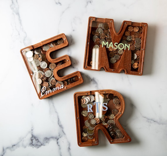 Personalized Initial Letter Shaped Wood Coin Bank - 10 Font and 5 Colors Available