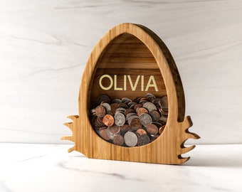 Personalized Nest Egg Coin Bank - 10 Font, 5 Colors, and 4 Designs Available