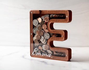Personalized Initial Letter Shaped Wood Coin Bank - 10 Font and 5 Colors Available