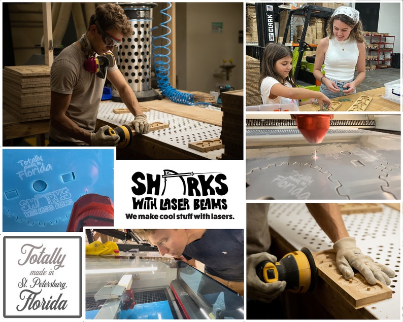 May include: A collage of images showcasing a small business creating bespoke wooden products using a laser cutter. The business is named "Sharks with Laser Beams" and they produce "cool stuff with lasers". The images depict individuals working with the laser cutter, sanding wood, and putting together products. The products include a wooden sign that reads "Totally made in St. Petersburg, Florida".