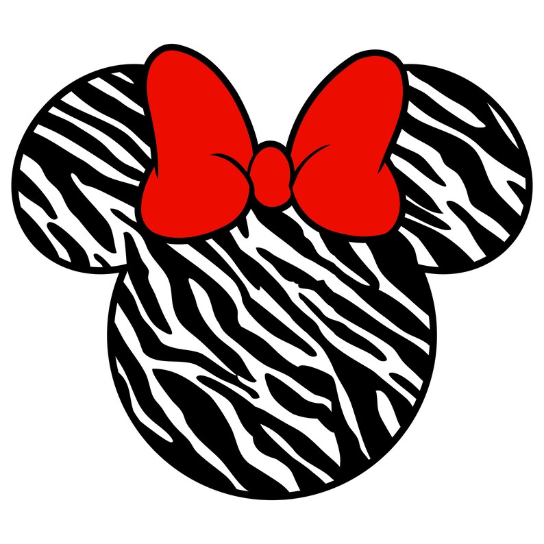 May include: A graphic of a mouse head with zebra print ears and a bright red bow. The mouse head is black and white, with the zebra stripes creating a bold contrast. The bow is a vibrant red, adding a pop of color.