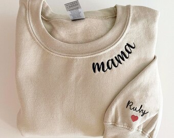 Custom Embroidered Mama Sweatshirt with Kid Name on Sleeve, Mama Neckline Embroidery, Personalized Mom Hoodie, Mothers Day Gift,New Mom Gift