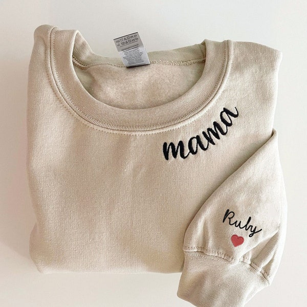 Custom Embroidered Mama Sweatshirt with Kid Name on Sleeve, Mama Neckline Embroidery, Personalized Mom Hoodie, Mothers Day Gift,New Mom Gift