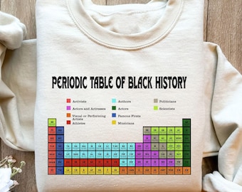 May include: Cream-colored sweatshirt featuring the text "PERIODIC TABLE OF BLACK HISTORY" above a colorful periodic table-style graphic. The graphic includes categories like Activists, Actors, and Musicians. A unique and educational design.