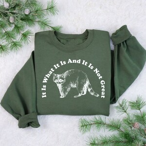 May include: An olive green sweatshirt with a white graphic of a raccoon and the text "It Is What It Is And It Is Not Great" in a curved font. The sweatshirt is displayed on a white surface with green pine branches.