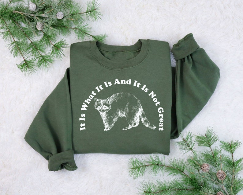 May include: An olive green sweatshirt with a white graphic of a raccoon and the text "It Is What It Is And It Is Not Great" in a curved font. The sweatshirt is displayed on a white surface with green pine branches.