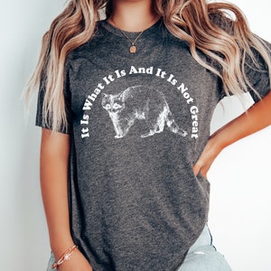 May include: Dark gray t-shirt featuring a white illustration of a cat and the text "It Is What It Is And It Is Not Great" in a curved arc above the cat. The shirt is made of a soft material.