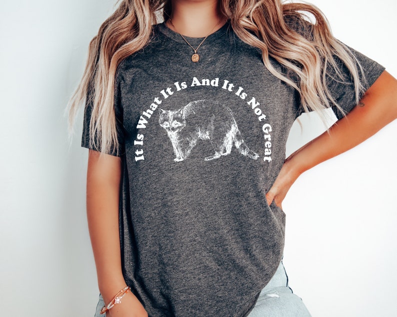 May include: Dark gray t-shirt featuring a white illustration of a cat and the text "It Is What It Is And It Is Not Great" in a curved arc above the cat. The shirt is made of a soft material.