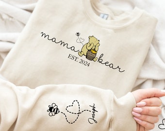 Custom Mama Bear Winnie The Pooh Sweatshirt, Mama Est with Kid Name on Sleeve, Personalized Pooh Bear Hoodie, Mothers Day Gift, New Mom Gift