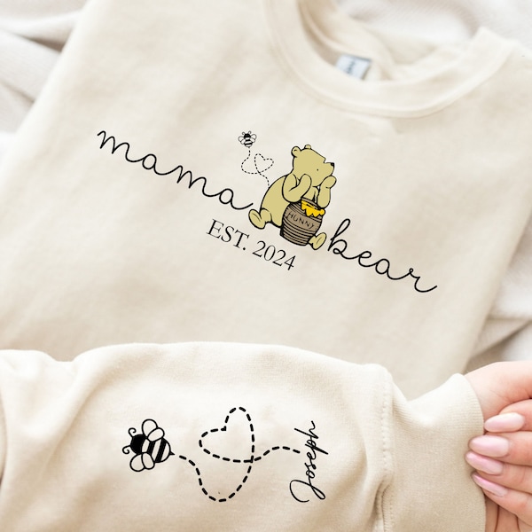 Custom Mama Bear Winnie The Pooh Sweatshirt, Mama Est with Kid Name on Sleeve, Personalized Pooh Bear Hoodie, Mothers Day Gift, New Mom Gift