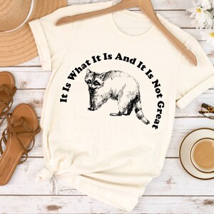 May include: Cream-colored t-shirt featuring a black and white illustration of a raccoon and the text "It Is What It Is And It Is Not Great" in a semi-circle. The shirt is displayed on a wooden hanger.