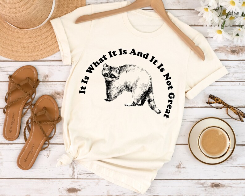May include: Cream-colored t-shirt featuring a black and white illustration of a raccoon and the text "It Is What It Is And It Is Not Great" in a semi-circle. The shirt is displayed on a wooden hanger.
