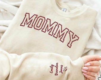 Custom Mama Embroidered Sweatshirt With Kids Names On Sleeve, Personalized Mom Embroidery Hoodie, Birthday Mommy Outfits, Pregnancy Gifts