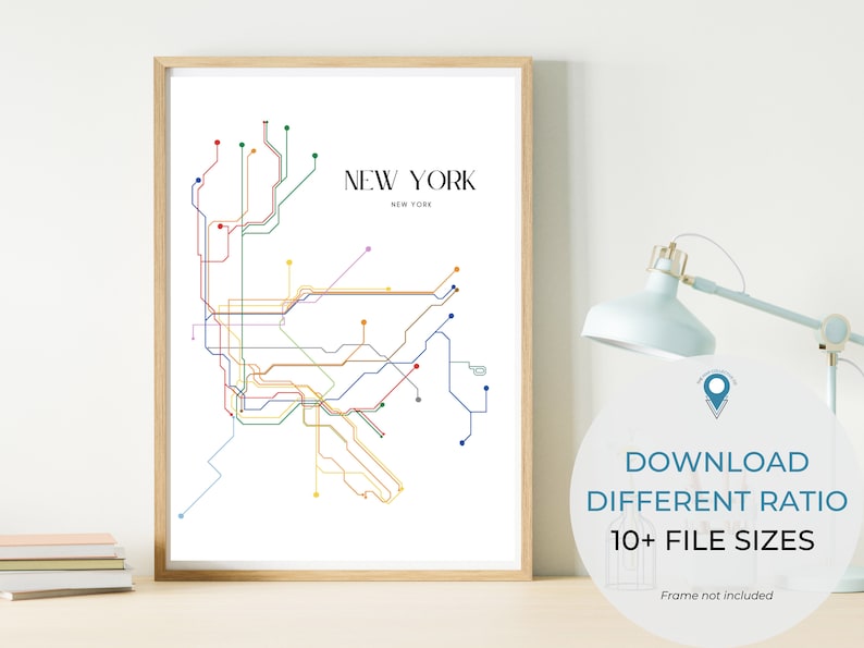 DIGITAL NYC Transit Art Poster, New York City Subway Map Wall Art, New York MTA Subway Art Print
