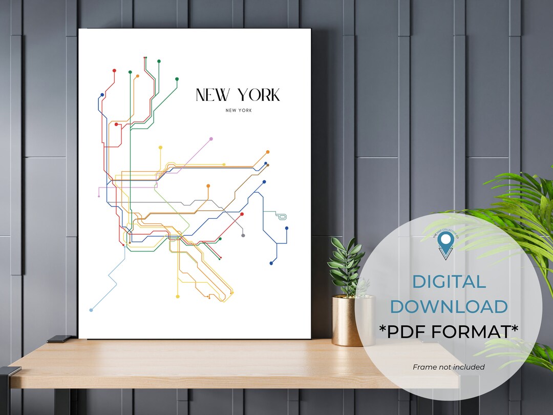 DIGITAL NYC Transit Art Poster, New York City Subway Map Wall Art, New York MTA Subway Art Print