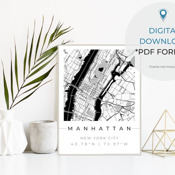 Manhattan City Map | Digital Square Map | NYC Neighborhood Map | NYC Gifts | Home Decor | Minimalist Map | Manhattan Map Print