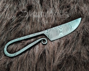 Cuchillo de Damasco forjado a mano, cuchillo vikingo, hoja medieval de acero de Damasco, cuchillo de corte de herrero vikingo Krumkniv, vaina de cuero genuino