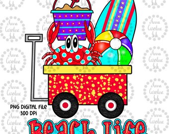 May include: A red wagon with yellow wheels and a red and white polka dot design. The wagon is filled with beach toys, including a red crab, a blue and white beach ball, a blue and yellow surfboard, and a red and purple bucket with a yellow shovel.