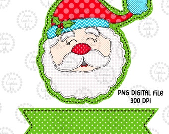 Santa Clause PNG Faux Applique Christmas Santa with Red Hat Digital Download Whimsical Hand Drawn Santa Sublimation Design With Nameplate