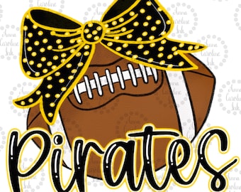 May include: A black and yellow football with a black and yellow polka dot bow on top. The word "Pirates" is written in black with a yellow outline below the football.