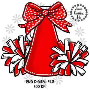 Cheer Pom Poms Megaphone PNG Bow Megaphone Cheerleader Tshirt Design for Sublimation DTF Printable Digital Download Red and White Football