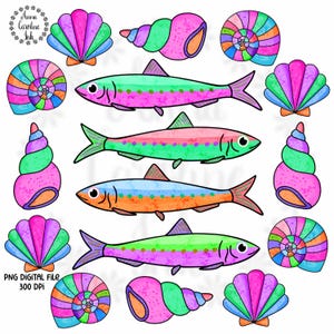 May include: A digital illustration featuring colorful sea life. The image includes stylized fish with pink, green, and orange stripes, along with various seashells in shades of pink, purple, and green. The text "PNG DIGITAL FILE 300 DPI" is also present.