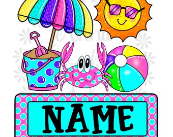 Beach PNG for Boys Beach Shirt Design for Sublimation Funny Crab on Beach   PNG Kids Beach Shirt Design with Nameplate Personalized Nautical
