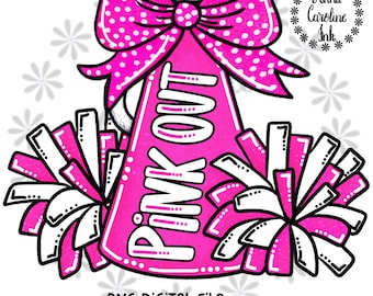 Cheer Pom Poms Meaphone PNG Pink Out Breast Cancer Awareness Tshirt Design Sublimation DTF Digital Download Pink and White Football PNG