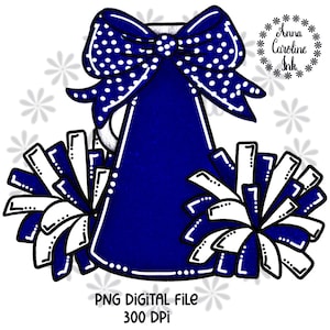 Cheer Pom Poms Megaphone PNG Bow Megaphone Cheerleader Tshirt Design Sublimation DTF Printable Digital Download Navy and White Football PNG