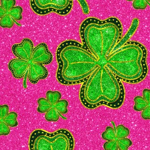 May include: A pink background with a repeating pattern of green four-leaf clovers with gold glitter accents. The clovers have a black outline and gold dots. The text "Anna Caroline Ink" is at the bottom of the image.
