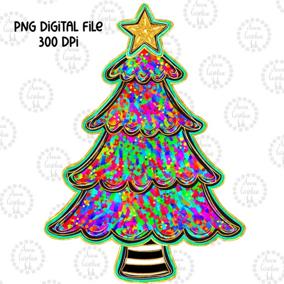キラキラ輝くクリスマスツリーPNG カラフルな手描きのクリスマスツリー