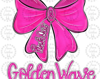 Breast Cancer Awareness PNG Pink Out Golden Wave Coquette Bow Digital Download Cancer Survivor Shirt Design Breast Cancer Sublimation