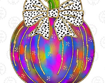May include: A colorful, iridescent pumpkin with a black and white polka dot bow. The pumpkin has a glittery gold outline and is decorated with gold glitter.