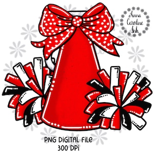 Cheer Pom Poms Megaphone PNG Bow Megaphone Cheerleader Tshirt Design for Sublimation DTF Printable Digital Download Red and Black Football