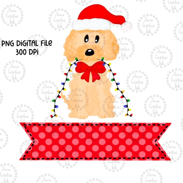 Christmas Doodle Puppy Tangled in Christmas Lights PNG For Kids|Faux Applique Png DTF and Sublimation|Digitally Hand Painted Doodle Pup PNG