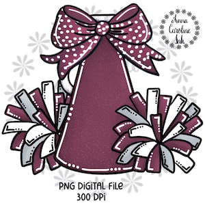 Cheer Pom Poms Megaphone PNG Bow Megaphone Cheerleader Tshirt Design for Sublimation DTF Printable Digital Download Maroon and Gray Football