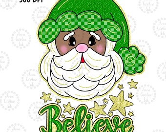 Papá Noel PNG, diseño de camiseta navideña con purpurina de moda, descarga digital para sublimación, Papá Noel afroamericano dibujado a mano PNG