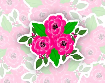 Pink Floral Bouquet Sticker, Fuchsia Botanical Sticker, Sticker for Flower Lovers, Floral Sticker for Laptop