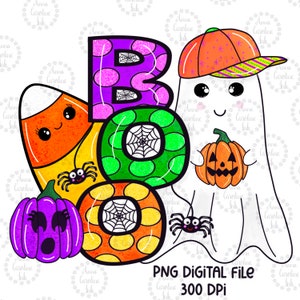 May include: A colorful illustration of the word "BOO" with a ghost holding a pumpkin. The letters are decorated with polka dots, spiderwebs, and candy corn. The ghost is wearing a hat with stars and stripes. The image is perfect for Halloween decorations.
