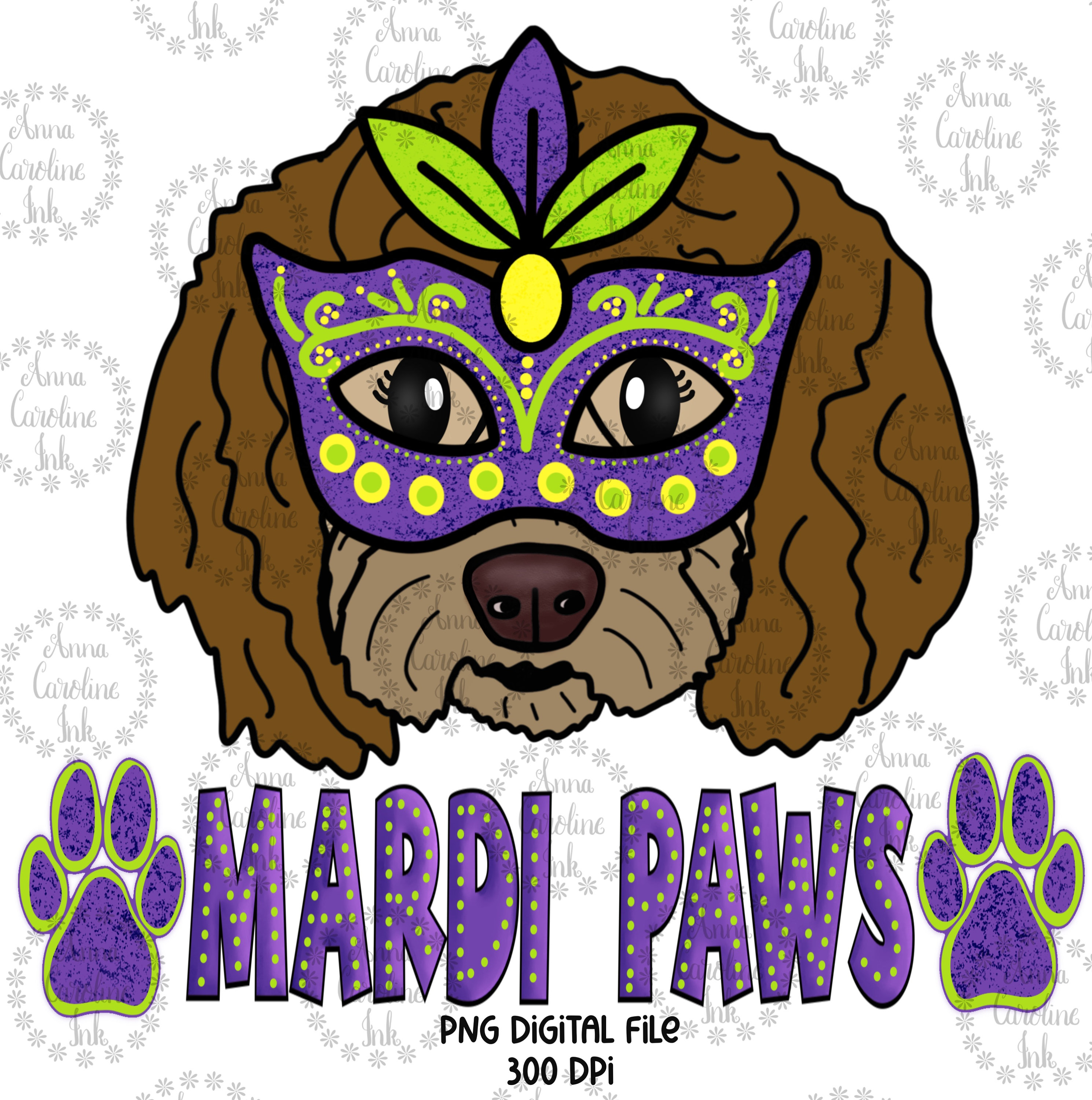 Mardi Gras Puppy PNG Hand Drawn Digital Download Sublimation Heat