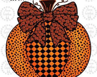 May include: A black and orange pumpkin with a large black and orange bow. The pumpkin has a checkered pattern and the bow has a circle pattern.