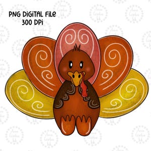 May include: A cartoon turkey with a brown body, red wattle, and yellow beak. The turkey has a large, colourful tail with swirls of red, orange, and yellow.