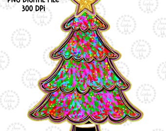 Glitter Christmas Tree PNG Colorful Hand Drawn Christmas Tree Digital Download For Sublimation Trendy Christmas Glitter Shirt Design for Her