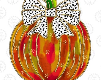 May include: A watercolor pumpkin with a gold glitter outline and a black and white polka dot bow. The pumpkin is painted in shades of orange, yellow, and red.