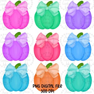 Könnte beinhalten: Neun digitale Illustrationen von Kürbissen mit Schleifen. Die Kürbisse sind in verschiedenen Farben, darunter rosa, lila, blau, grün und orange. Jeder Kürbis hat eine Schleife in einer anderen Farbe.